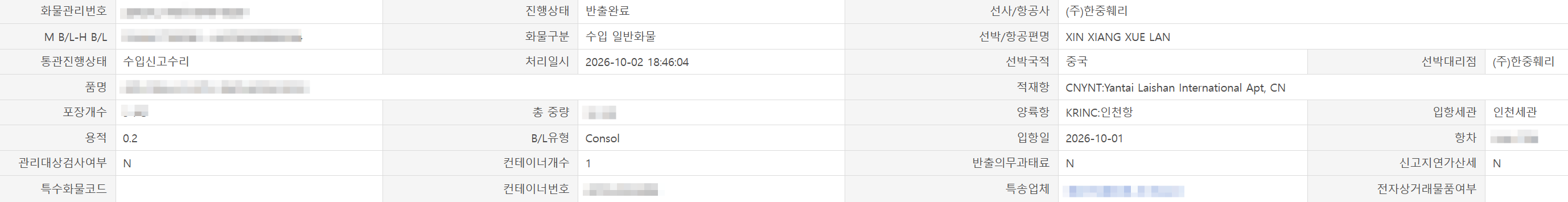 Korean import clearance record with sensitive details obscured