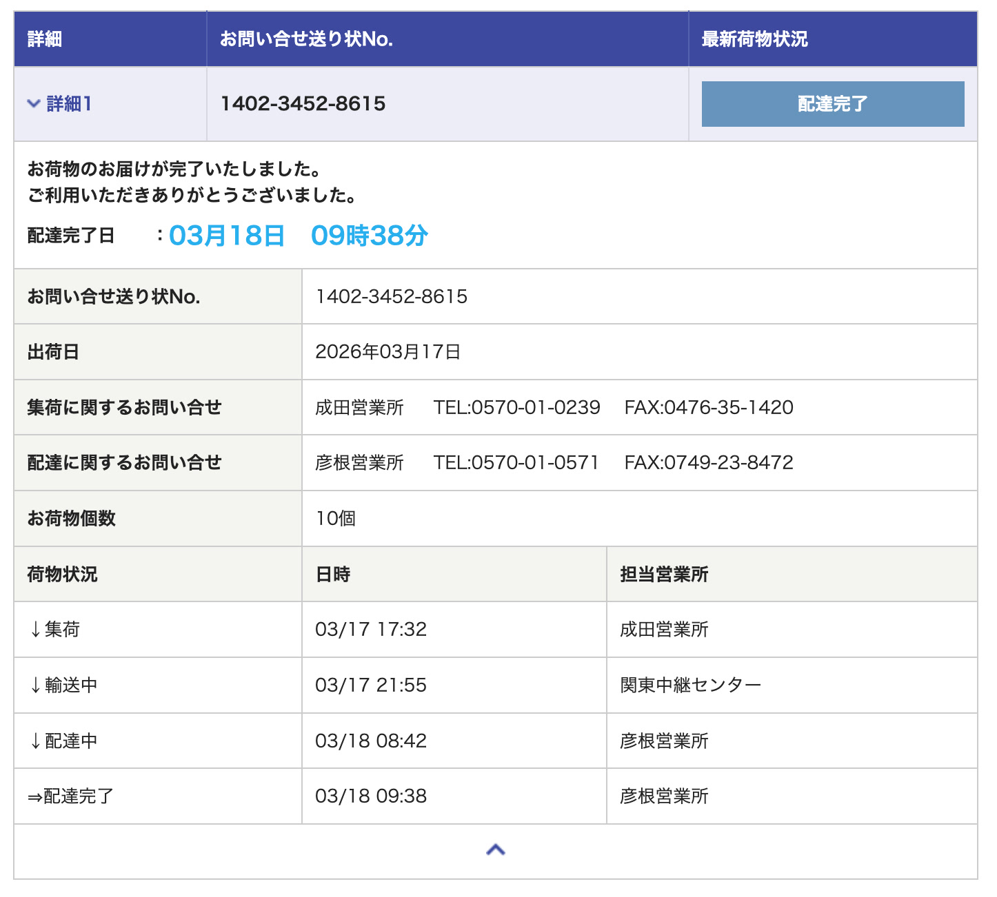 Sagawa Express delivery tracking showing successful delivery