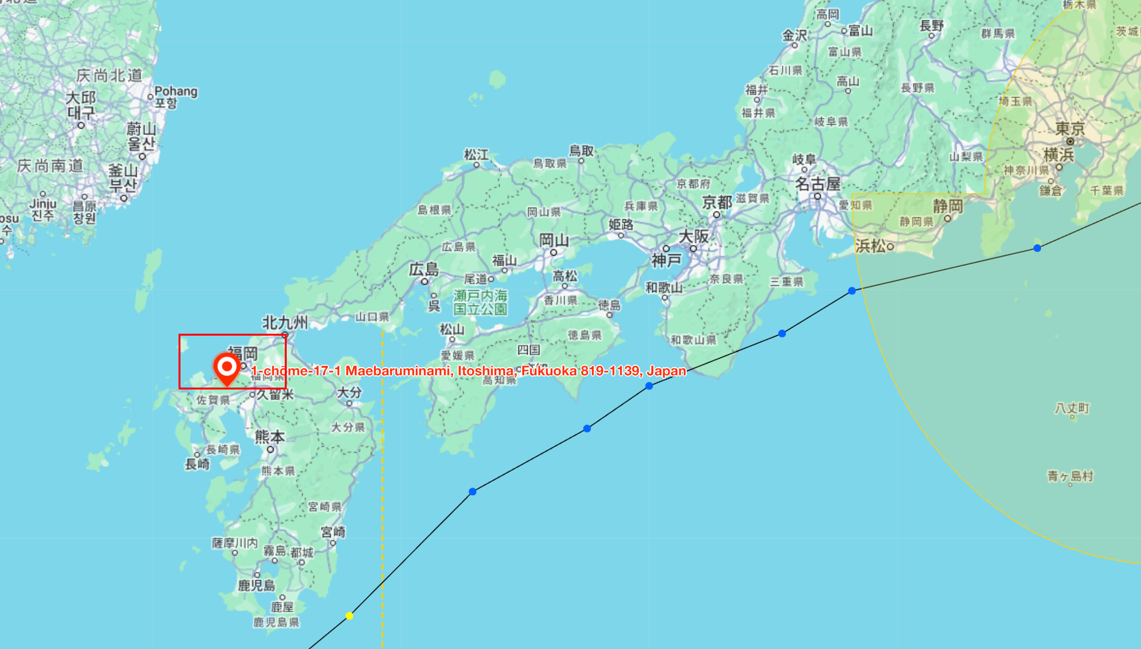 Routing map: ocean leg via Osaka, then specialized last-mile road transport to the remote area of Fukuoka